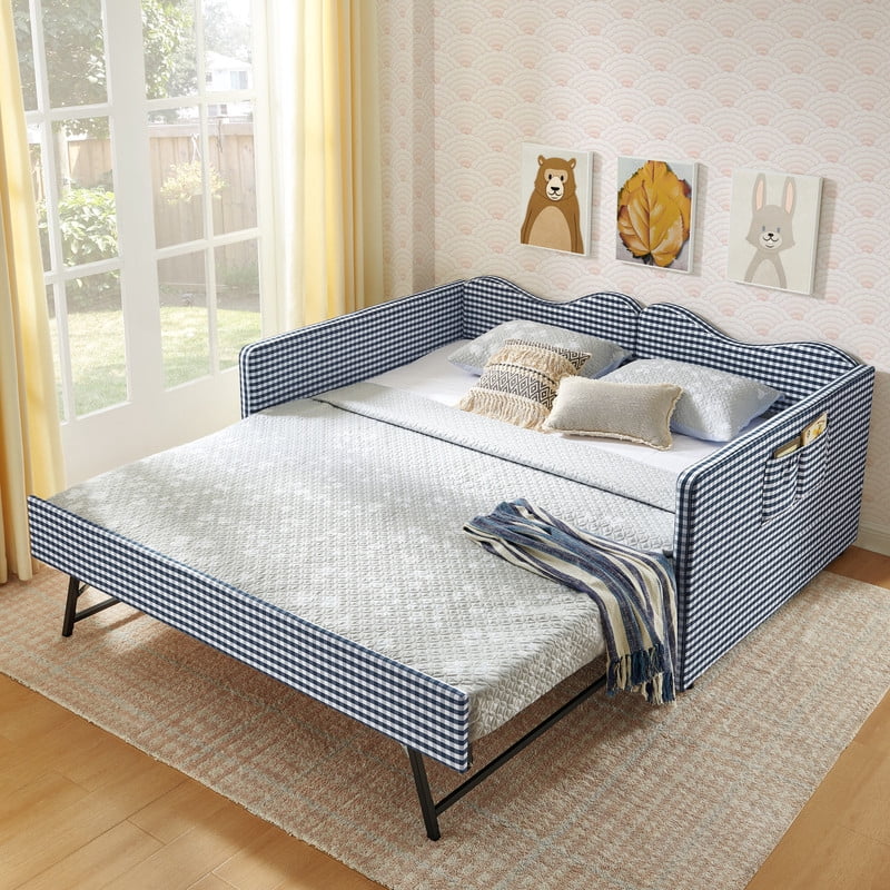 Full Size Gingham Daybed with Trundle, Upholstered Day Bed Frame with Side Storage Pocket & Wave-Shaped Backrest, Modern Sofa Bed for Living Room, Bedroom, No Box Spring Needed