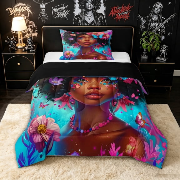 spefrowx Dreamy Black Princess Twin Comforter Sets for Girls, Blue Pink Butterfly Flower Bedding Set, Black Reversible, 2pcs, 1 Comforter and 1 Pillowcase