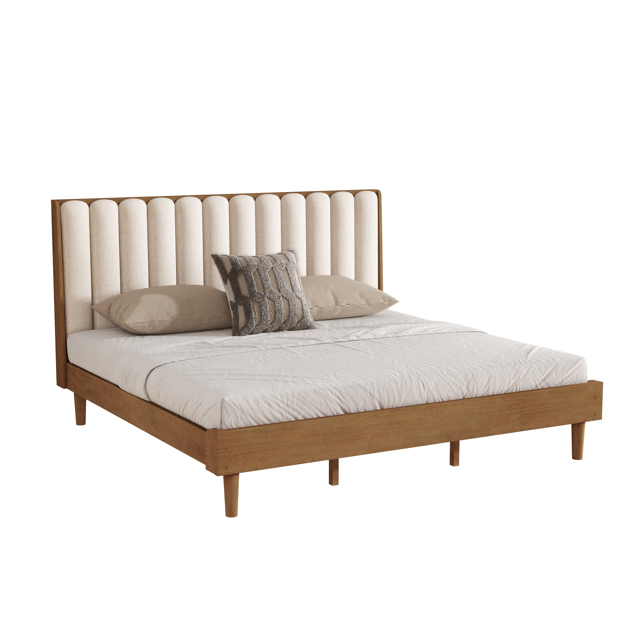 Sailvan Wood Bed with Piano Key Style Upholstered Headboard, Wood Bed with Strengthened Bed Frame