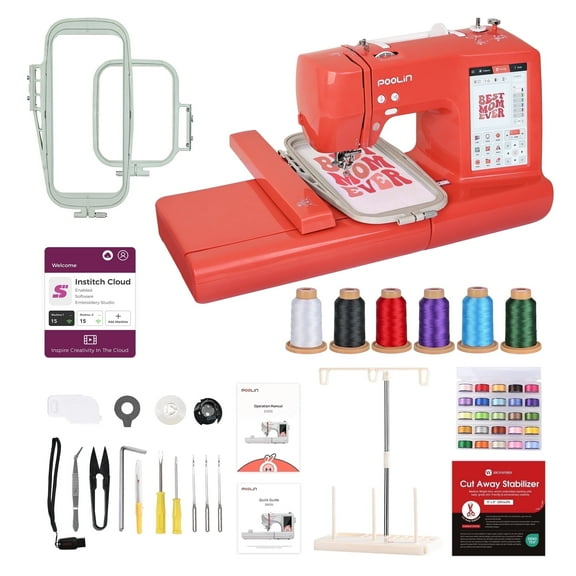 Poolin EOC05RE Home Embroidery Machine for Beginners, 4” × 9.25” Hoop, 7” Touchscreen, Perfect for Small DIY Projects