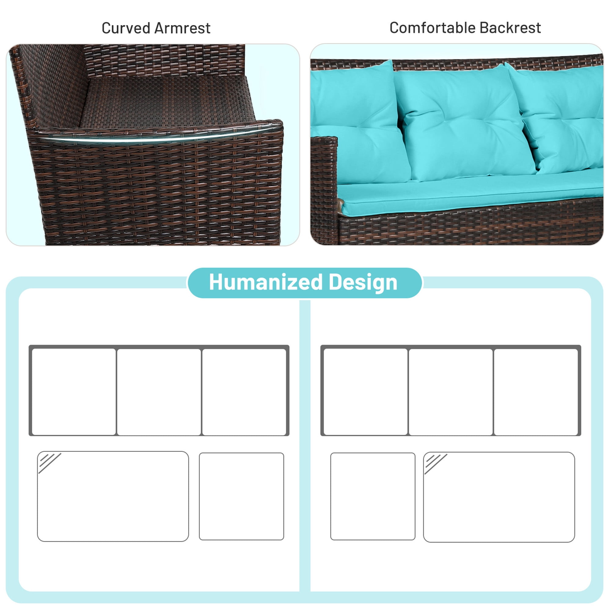 Gymax 3PCS Patio Rattan Sectional Conversation Furniture Set w/ Turqouise Cushions