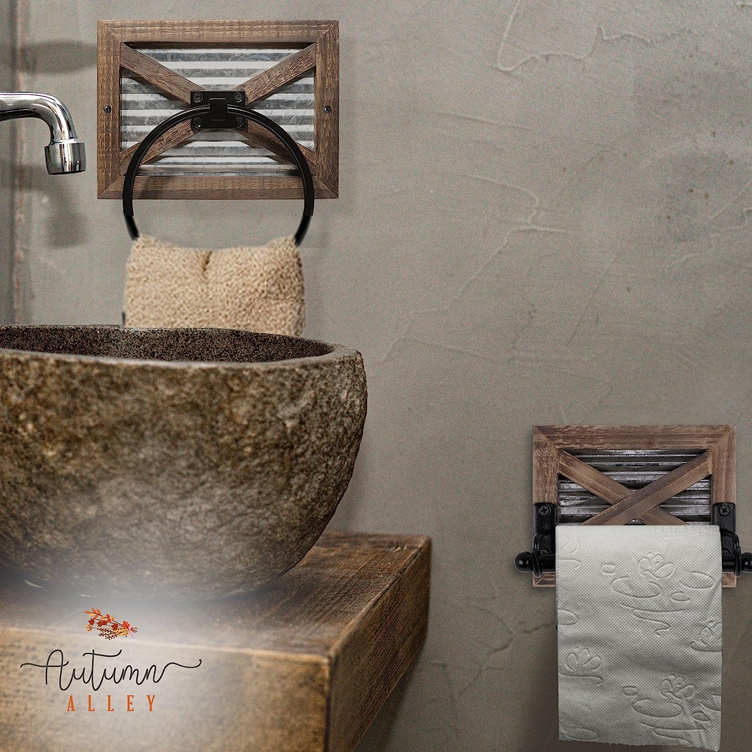 Autumn Alley Farmhouse Toilet Paper Holder and Towel Ring Set, Wall Mount, Rustic Wall Toilet Paper Holder and Bathroom Hand Towel Holder Decor, Wooden Brown