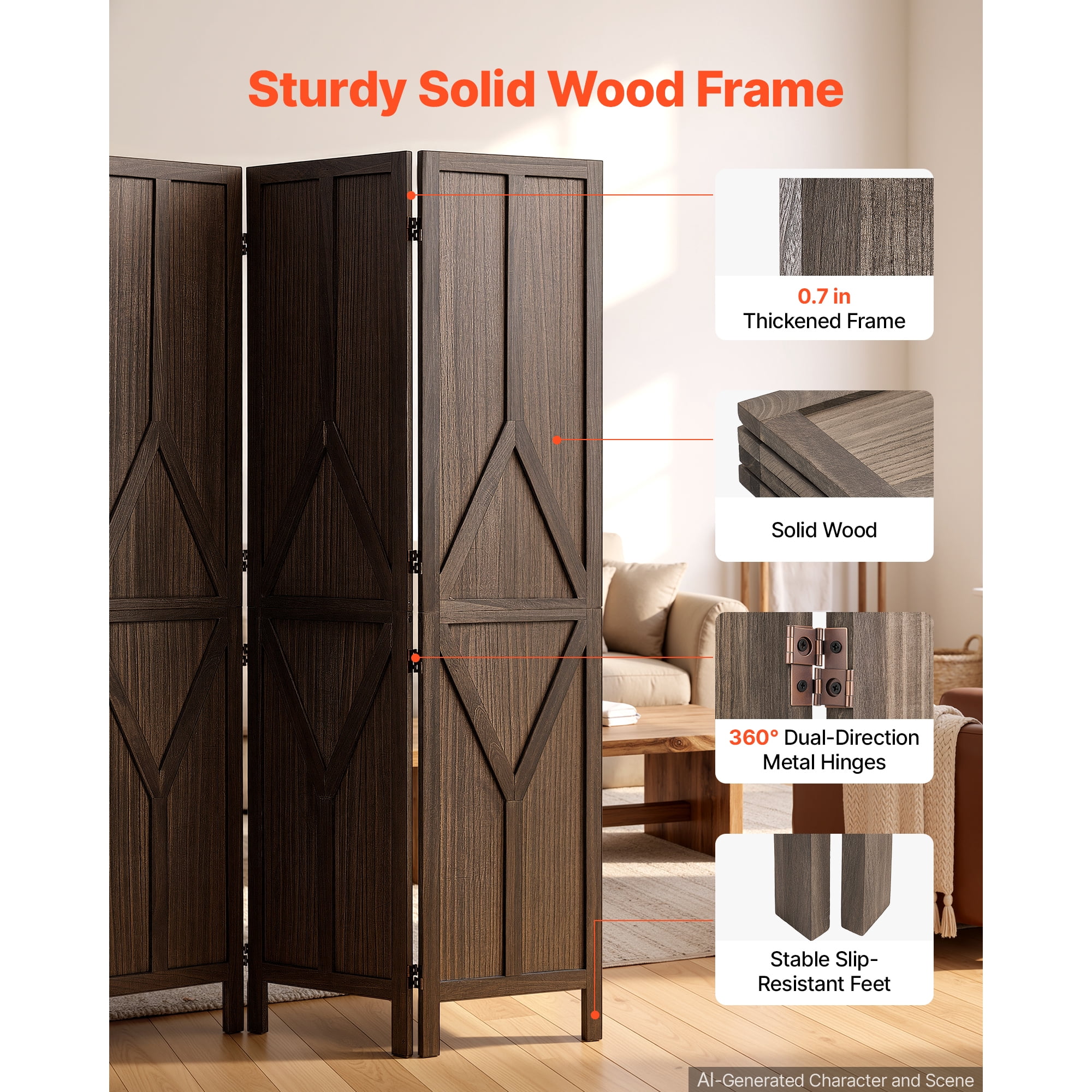 KFFKFF 4-Panel Wooden Room Divider with Y Pattern, Privacy Screen for Home Decor and Space Separation, 67-Inch Height, Sturdy Frame, Two-Way Hinges, Rustic Wooden Partition with Included Hardware
