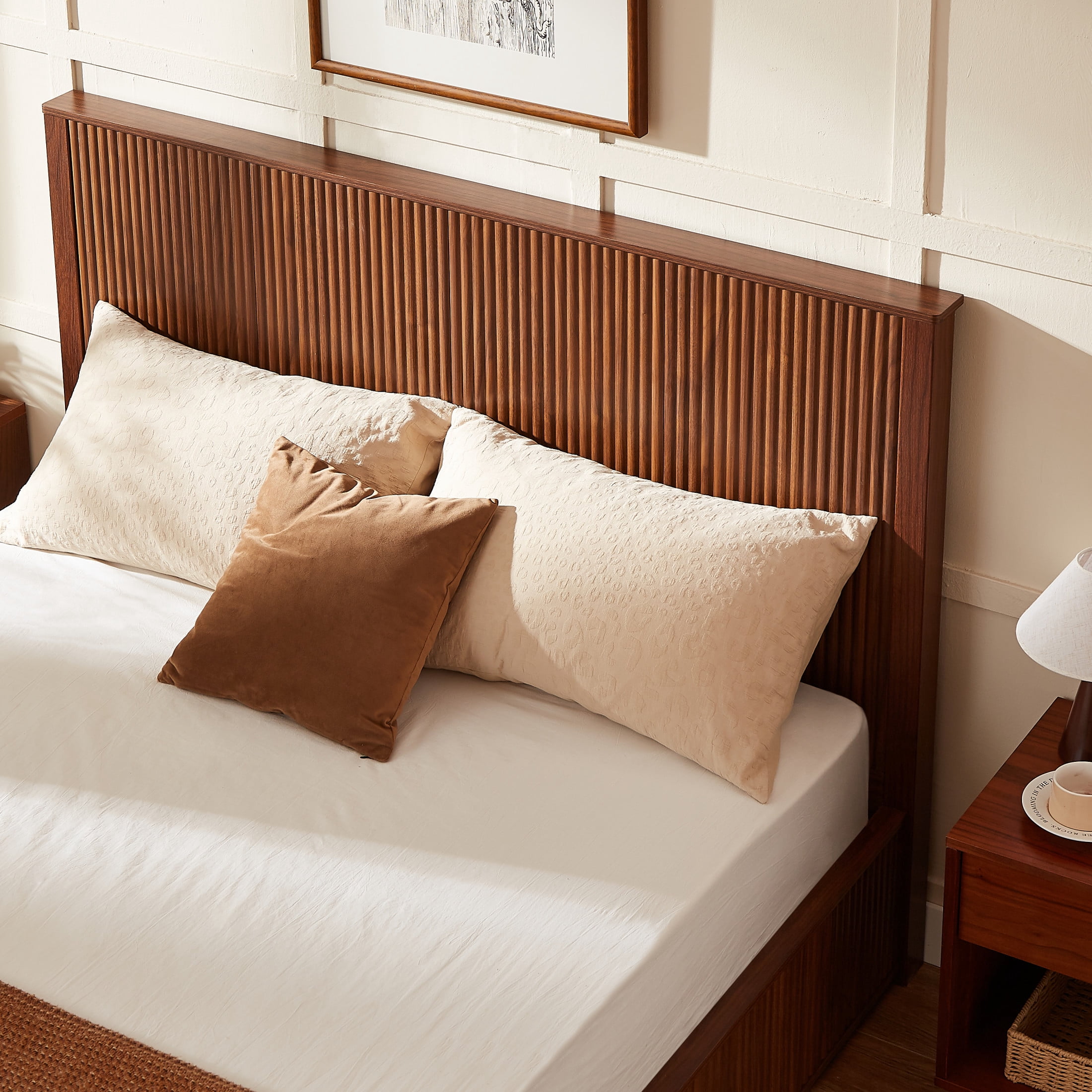 Noble House Queen Platform Bed Frame with 44.49" Flat Fluted Headboard, Wood Slat Support, Walnut