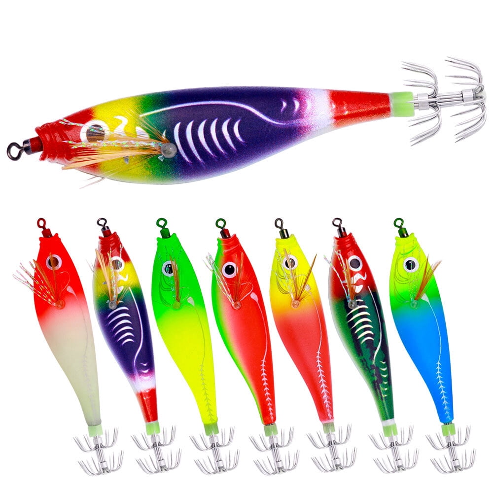 7PCS Glow Squid Jig Shrimp Lures Fishing Bait Hook Octopus 9.5cm/10g Saltwater