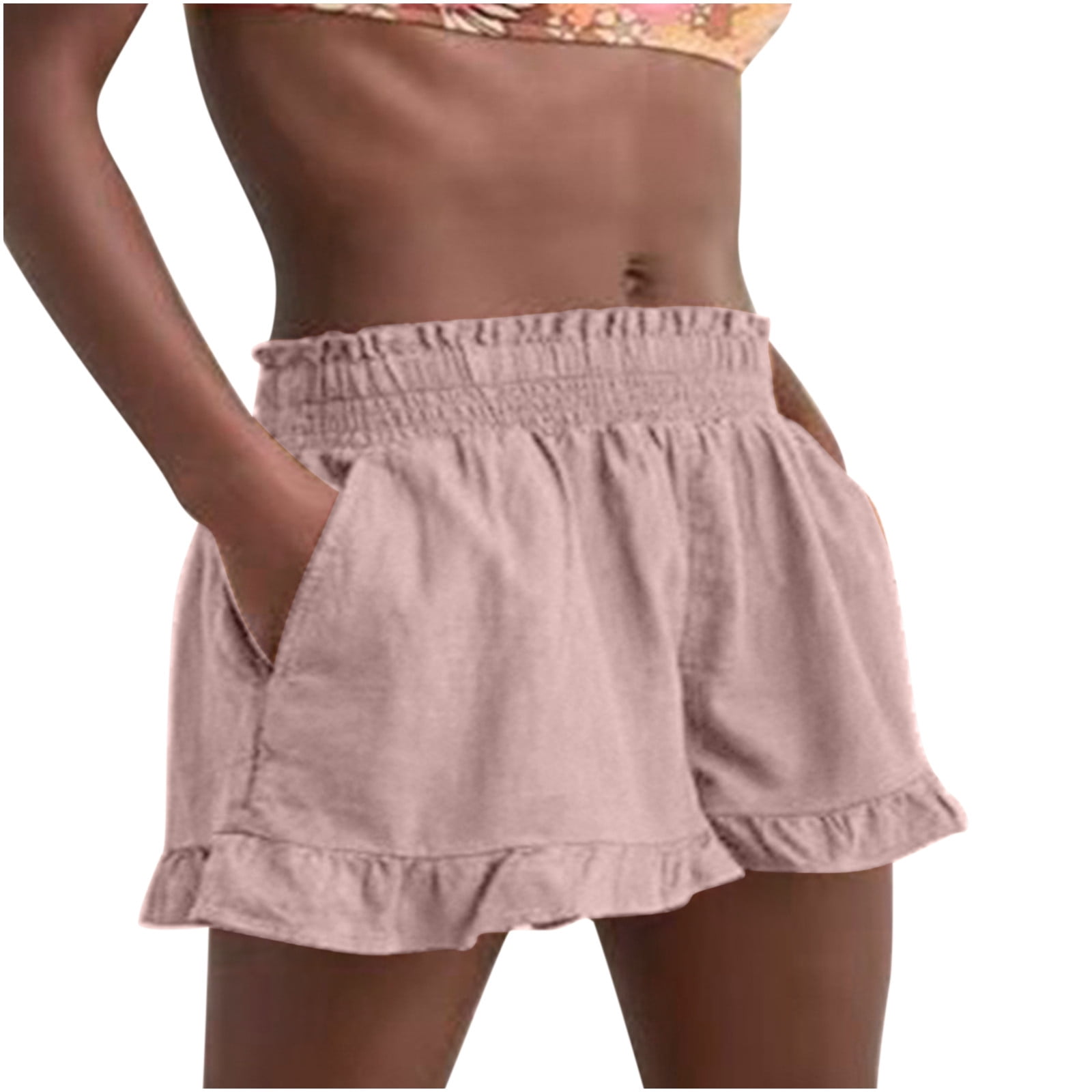 Women Summer Shorts Casual Elastic Waist Ruffle Hem Solid Wide Leg