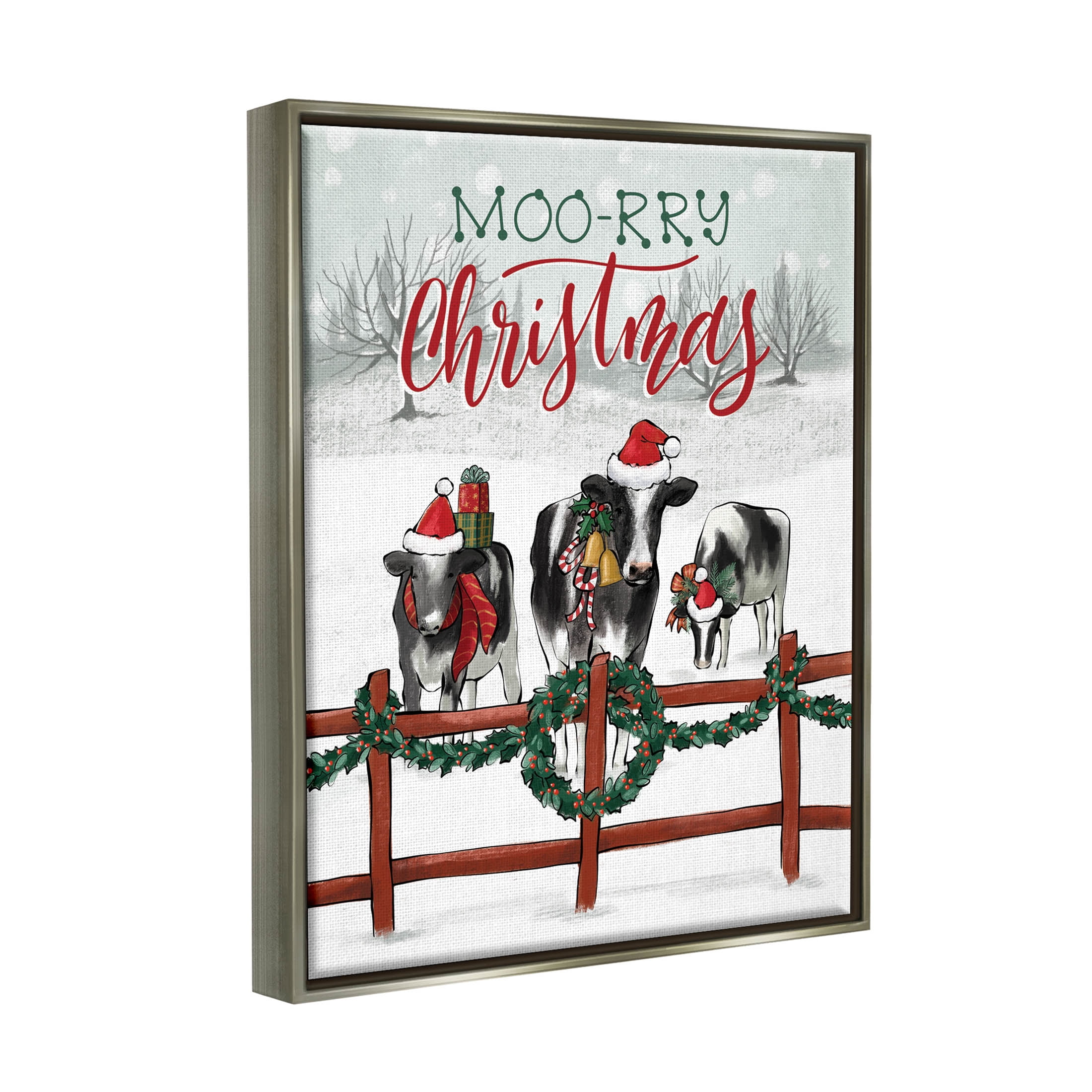 Moo-rry Christmas Holiday Snowy Cows Holiday Graphic Art Luster Gray Framed Art Print Wall Art