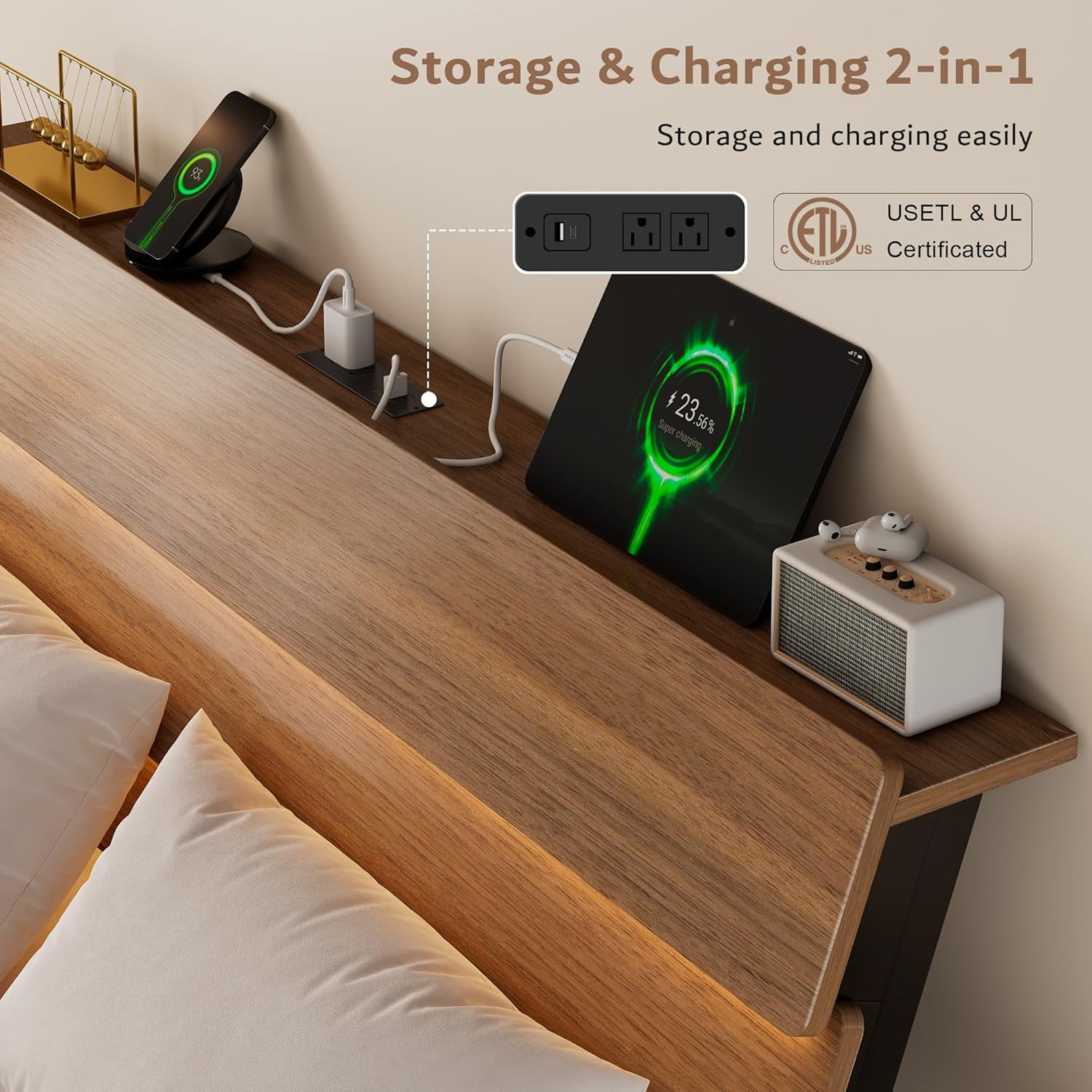 Honfach Full Floating Bed Frame with LED Lights & Charging Station, Platform Bed with Wooden Storage Headboard, Steel Slats Support, No Box Spring Needed, Easy Assembly, Noise-Free,Walnut