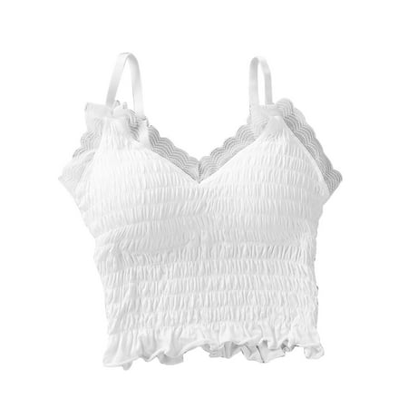 Timegard Womens Tank Tops with Built in Bra Adjustable Strap Lace V-Neck Smocked Crop Tops Beach Wear Tops