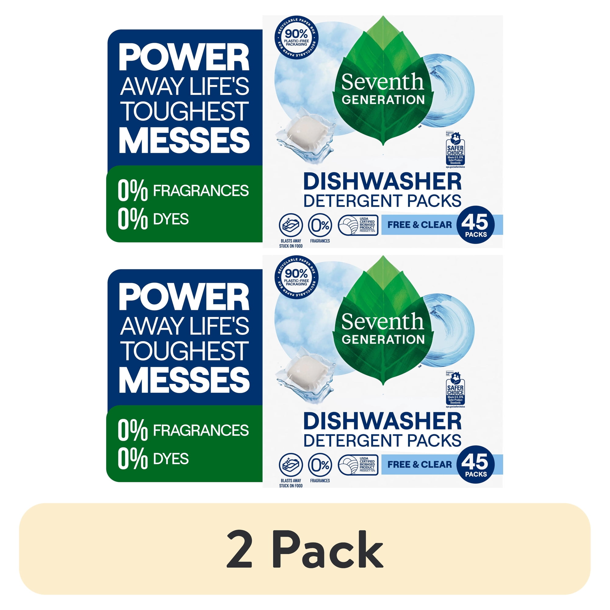 (2 pack) Seventh Generation Dishwasher Detergent Pods, Free & Clear, 45 Count