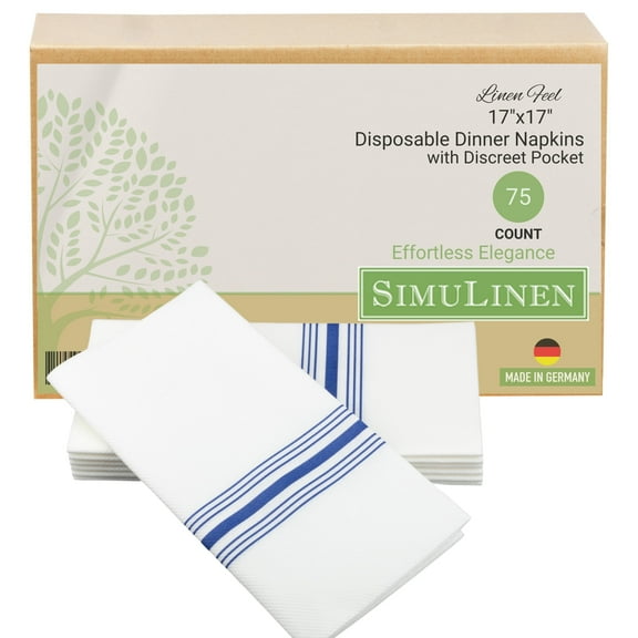 SimuLinen 17x17 Premium Cloth-like Dinner Napkin - Blue Bistro Stripe & Discreet Pocket - 75 Count
