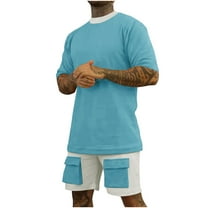 Stamzod Mens Summer Outfits 2PC Fashion Patchwork Crew Neck T-Shirts and Stretch Waist Shorts Set Daily Casual Loose Track Suits Mens 2 Piece Short Set Sky Blue M