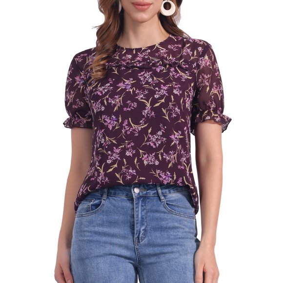 INSPIRAR CHIC Blusas de Chifón para Mujeres con Mangas Cortas, Con Volantes, Florales, para Trabajo Oficina, Talla S, Púrpura Oscuro