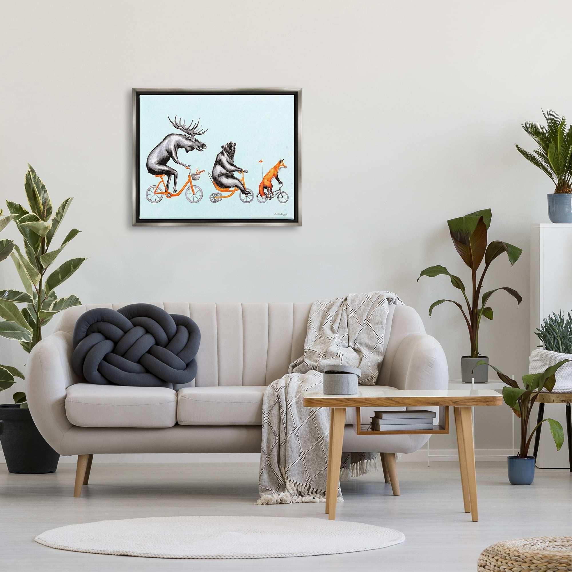 Stupell Industries Wildlife Animals Riding Bikes Moose Bear Fox Graphic Art Luster Gray Floating Framed Canvas Print Wall Art, Design by Amelie Legault