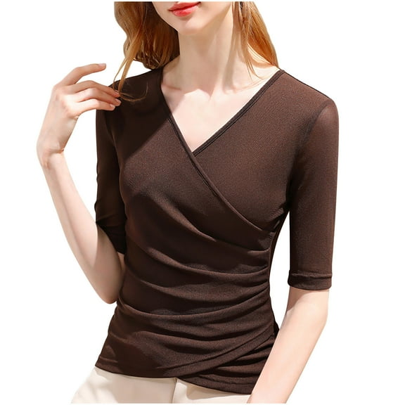 RYRJJ Women's V Neck Slim Fitted Tops Short Sleeve Cross Wrap Shirts Summer Trendy Ruched Tunic Tees Blouses(Brown,S)