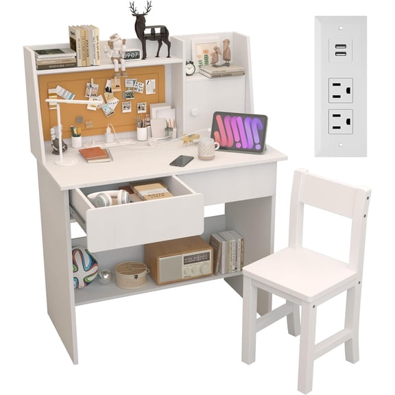 Ivory White Wooden Kids Study Desk and Chair Set, Childrens Desk with Charging Station, 2 Drawers,Storage Cabinets and Shelves, Boys & Girls Study Desks for Bedroom and Kidsroom
