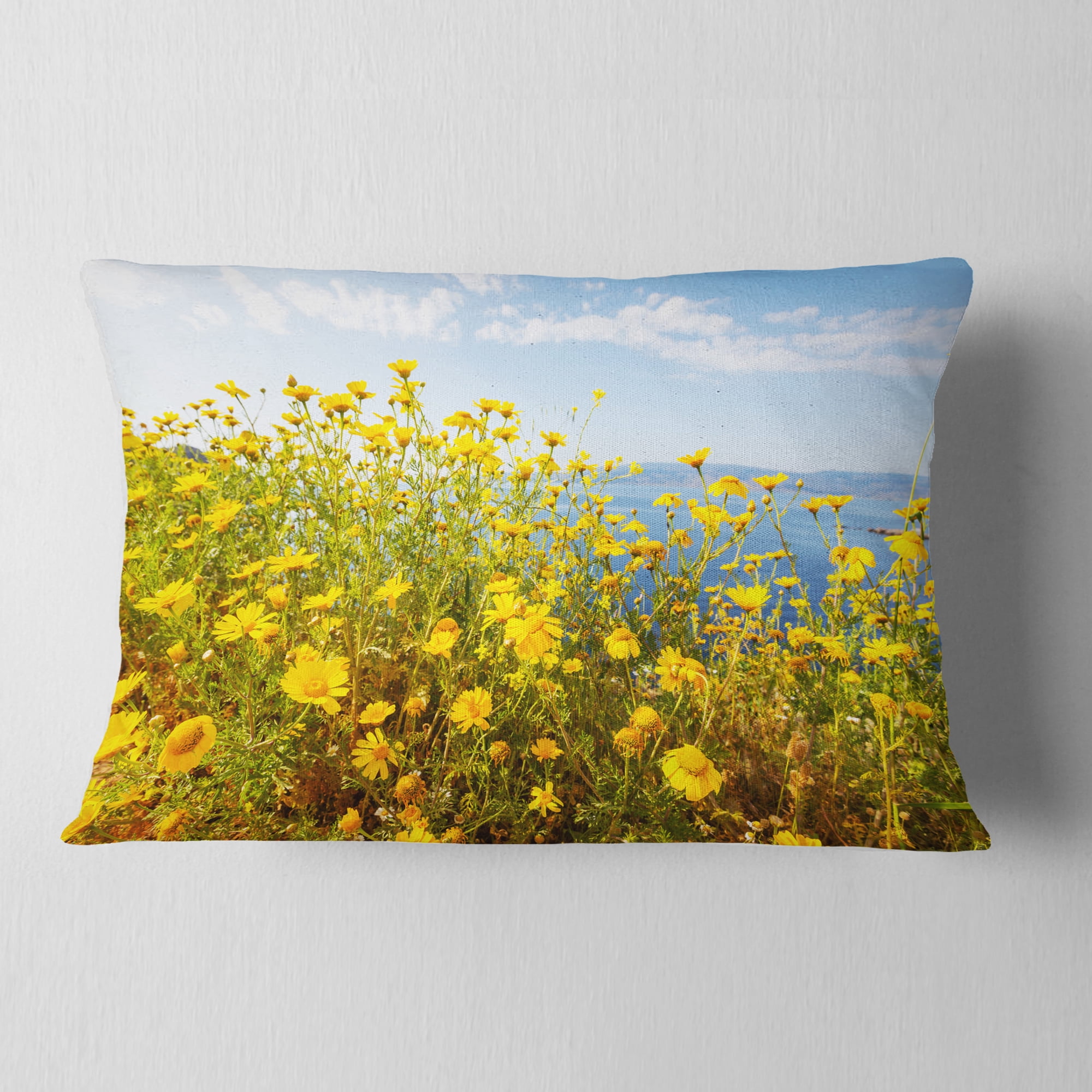 Designart Little Yellow Flowers over Seashore - Flower Throw Pillow - 12x20