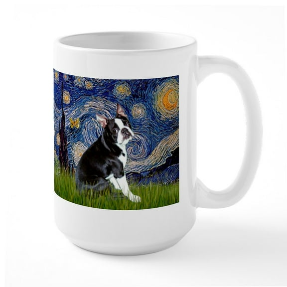 CafePress - Starry Night & Boston Terrier Large Mug - 15 oz Ceramic Large White Novelty Mug