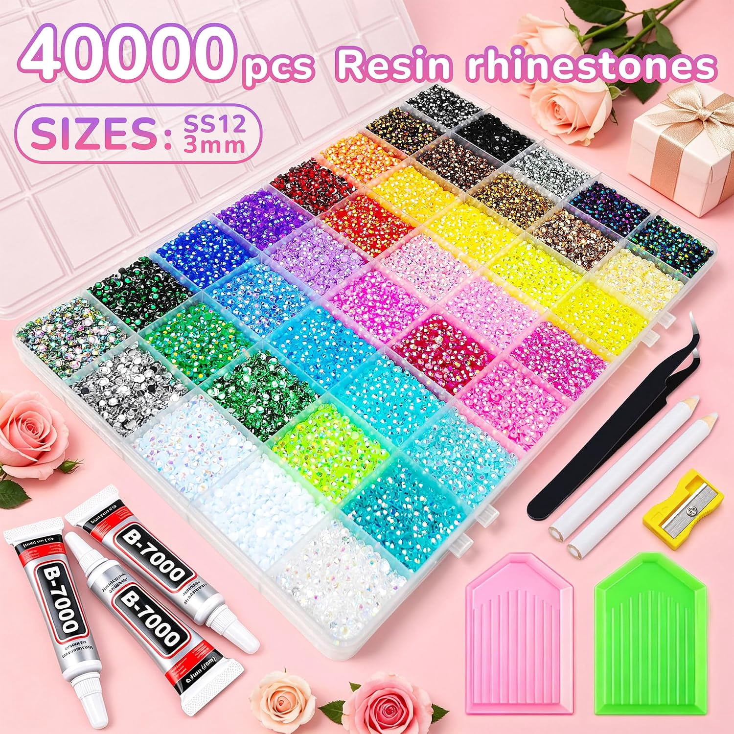 24000Pcs Bedazzling Kit, 24 Colors Bedazzler Kit with Rhinestones | Complete Bedazzle Kit with 3mm Vibrant Sparkling Flatback Gems, B7000 Jewelry Glue & Tools for Crafts, Nails, Teens & Adults