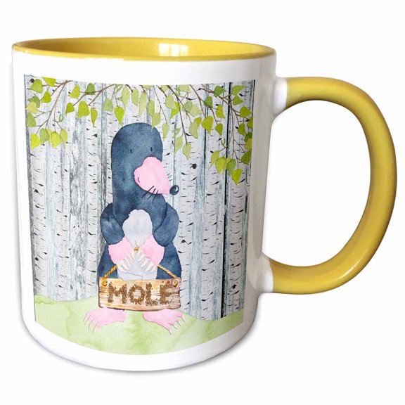3drose, Woodland Friends- Black Mole in Spring Holding a Name Board, 15oz Two-tone Yellow Mug