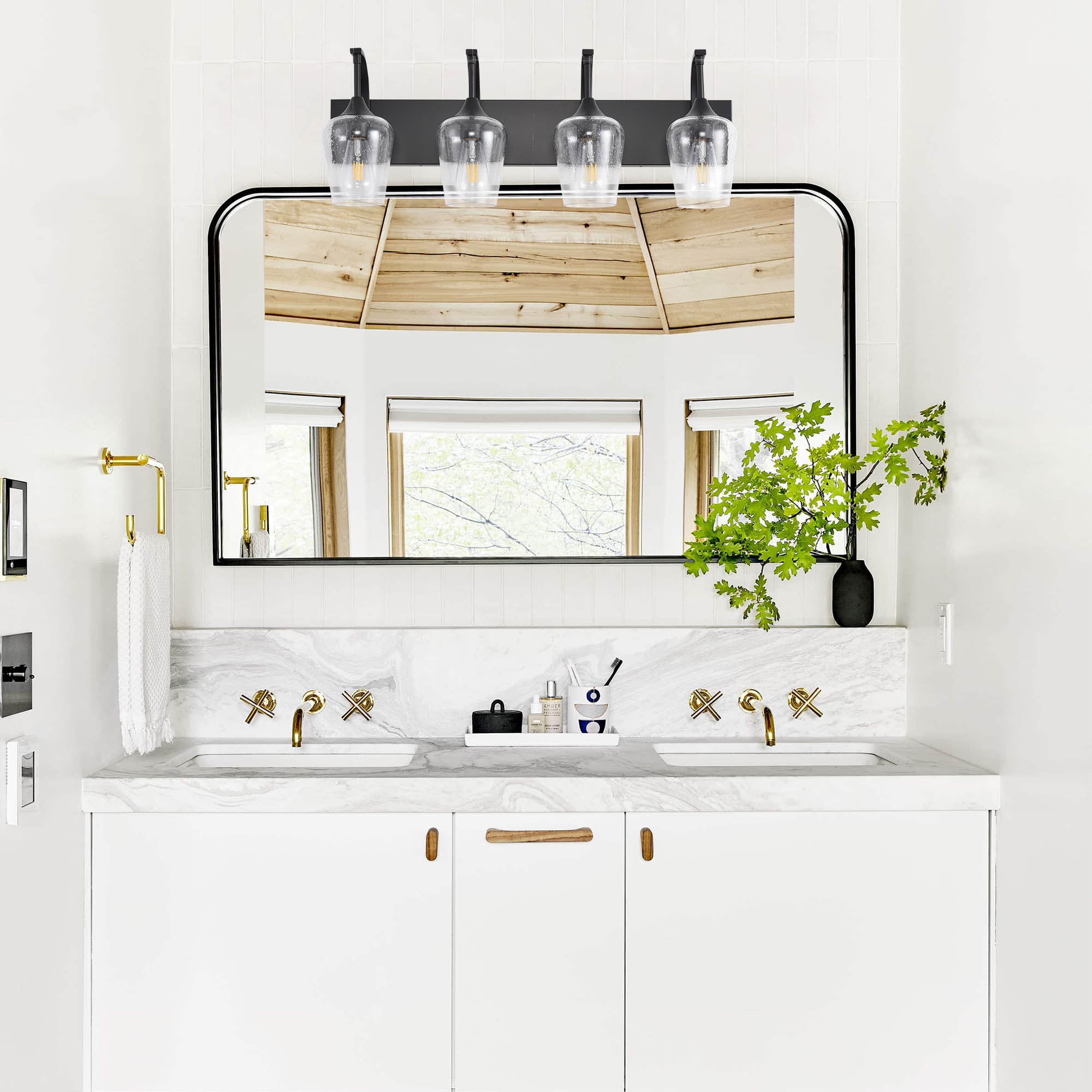 Industrial Vanity Light with Seed Glass Shades - 4-Light Matte Black Sconce for Bathroom & Bedroom