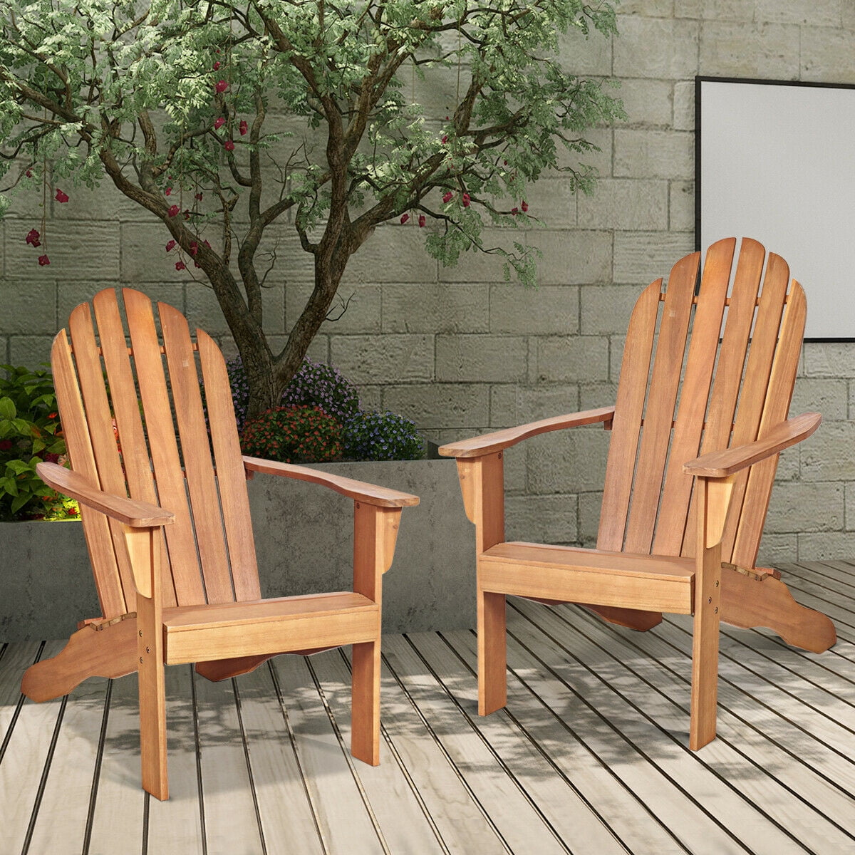 Gymax 2PCS Wooden Classic Adirondack Chair Lounge Chair Outdoor Patio