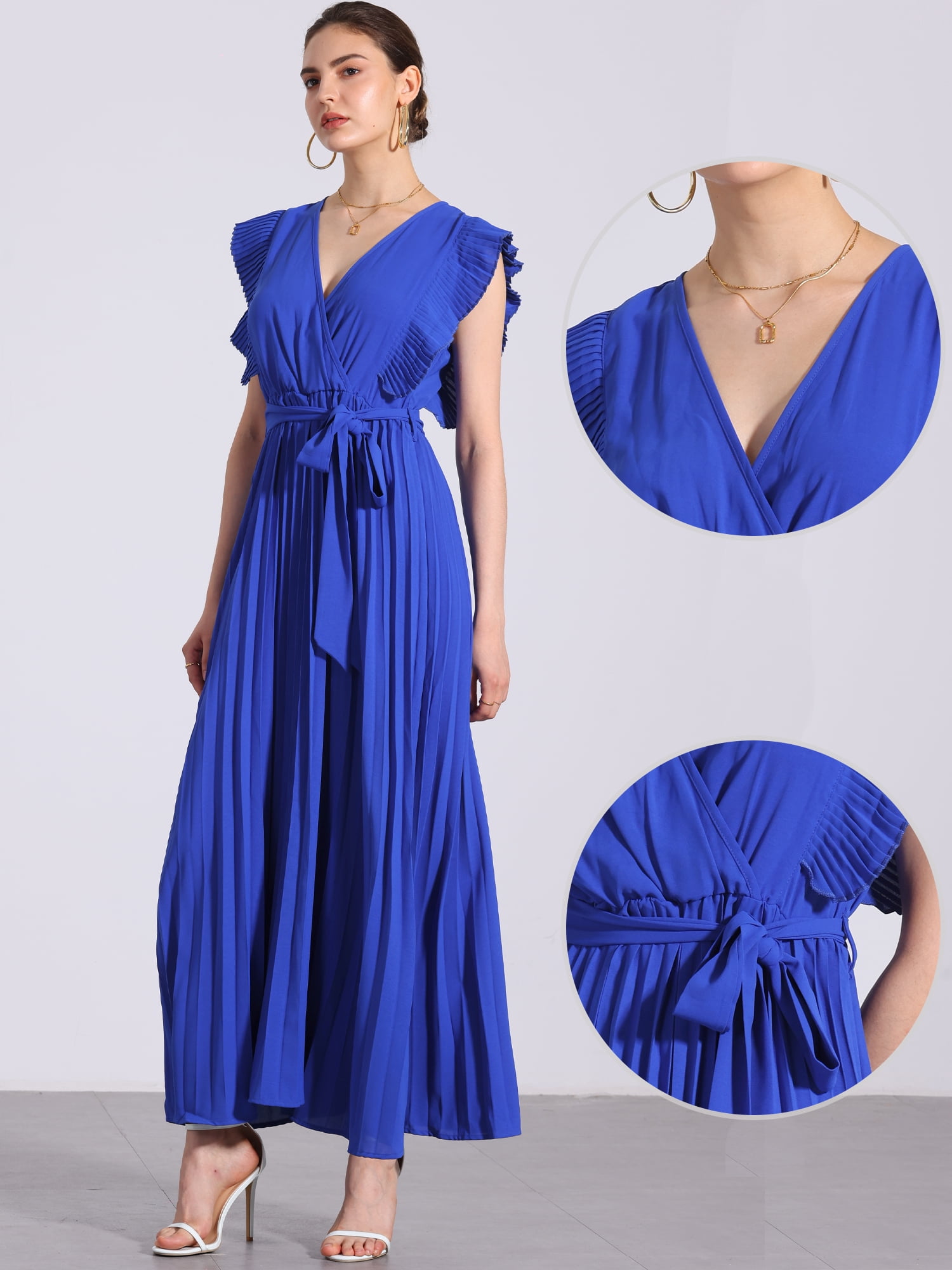 DARING DIVA Maxi Ruffled Sleeve V Neck Pleated Dress S Royal Blue