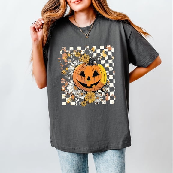 Carved Pumpkin Checkered Floral - Women's Heavyweight Tee