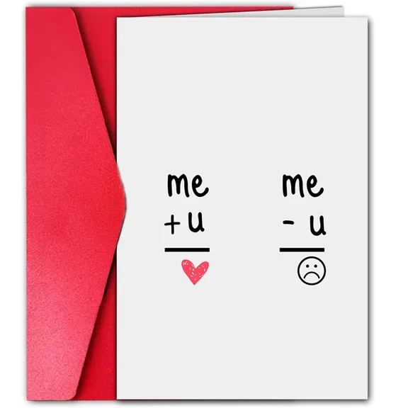 Funny Relationship Card – "Me   U = ❤️" & "Me - U = ☹️" Design – Ideal for Couples, Anniversaries, or Just Because – Envelope Included, Blank Inside for Personal Messages