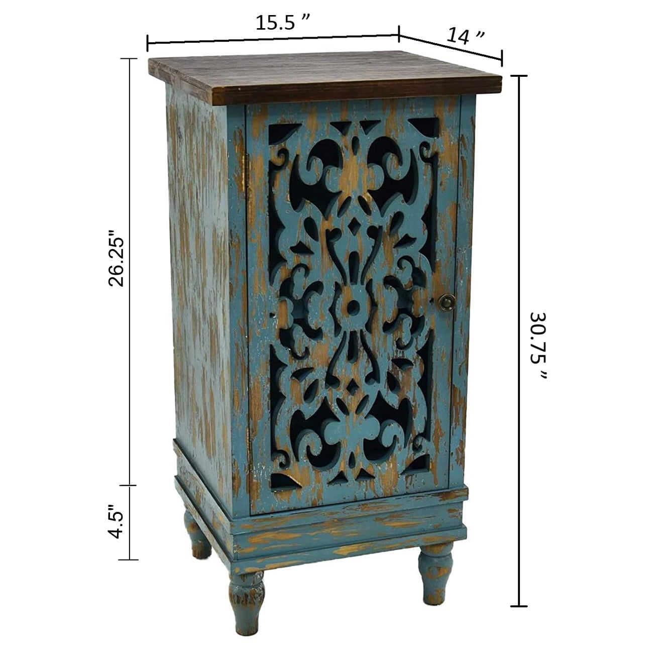 eHemco Wooden Rustic Dual Storage Shelf Rectangle End Table with Carved Legs for Living Room, Teal