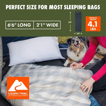 OZARK TRAIL SELF-INFLATING CAMP PAD WITH PILLOW – GREY, ADULT, 78″ L X 25″ W X 2″ H