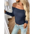thumbnail image 6 of Womens Long Sleeve Off Shoulder Shirts Tight Fitted Y2K Ruched Tee Tops Blouses 2025 Trendy Outfits Navy Blue L, 6 of 7