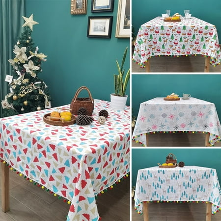 

Yirtree Christmas Tablecloth Festive Diverse Styles Printing Rectangular Tassel Design Decorative Bright Color Santa Claus Table Cover for Party