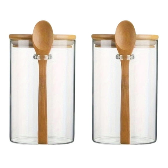 Tarro de almacenamiento de vidrio con cuchara, tapa hermética, recipiente transparente, organizador resistente para granos de café, adecuado para coci 2 piezas