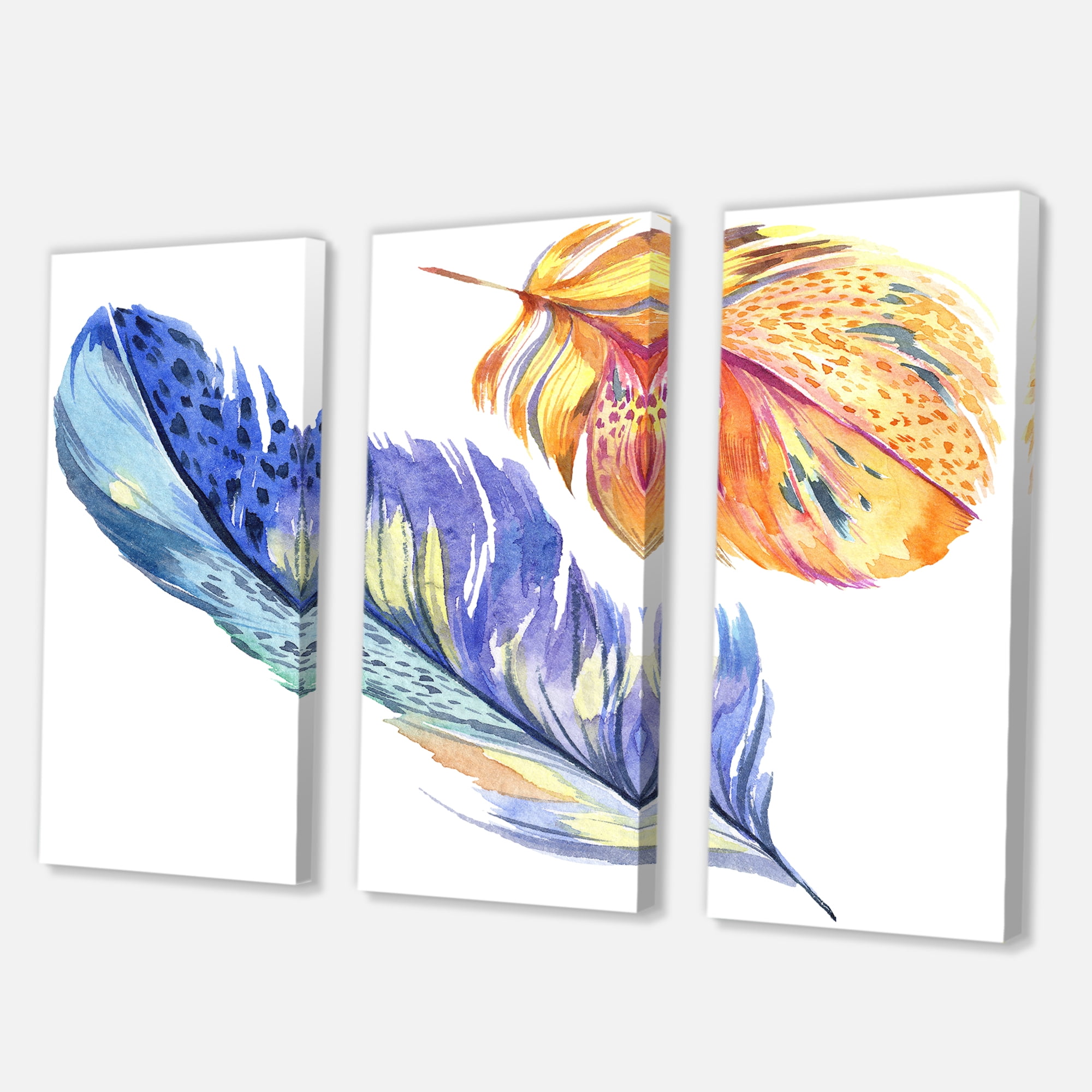 Designart ' Colorful Blue and Golden Bird Feather From Wing ' Bohemian & Eclectic Canvas Wall Art Print