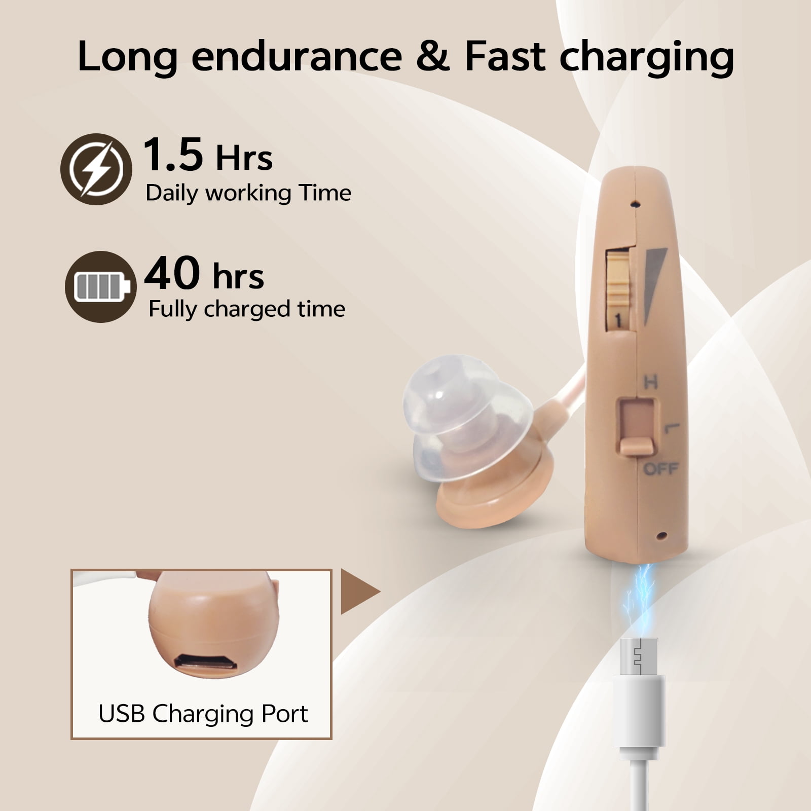 ELCTRTICI Hearing Aids for Seniors, VHP-1204 Behind-the-Ear Rechargeable Hearing Aid with Noise Cancellation, Designed for Hearing Loss, Single, Beige