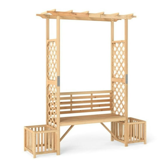 Garden Bench Arbor Arch - Outdoor Wood Seating with Planters - 73" Fir Wood Pergola - Patio Furniture for Climbing Plants - 2-Seat Bench