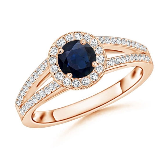 ANGARA Natural Round Blue Sapphire Split Shank Ring with Diamond Halo in 14K Rose Gold for Women (Size-5mm) | September Birthstone, Anniversary, Jewelry Gift for Women | Natural Blue Sapphire Ring