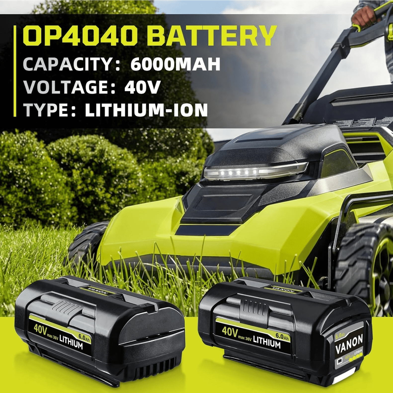 2Pack 6.0Ah OP4040 Replacement for Ryobi 40V Battery with OP401 Charger Compatible with Ryobi 40 Volt Battery Lithium OP40601 OP40401 OP4026 OP4050 Compatible with 40V Battery Power Tools
