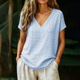 thumbnail image 2 of Achuyrbd Women's Gingham V-Neck T-Shirt, Casual Loose Short Sleeve Plaid Blouse, S-2XL ,Light Blue, 2 of 8