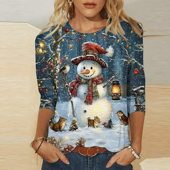 HOMBOM 3/4 Sleeve Plus Size Tops for Women Casual Outfits Christmas Xmas Snowflakes Females Blouse Crewneck