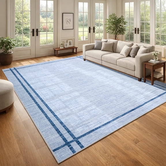 Garvee 8'x10' Modern Solid Area Rug Washable Line Edge Carpet, Non-Slip Low Pile Indoor Rug for Living Room Bedroom Home Decor, Blue