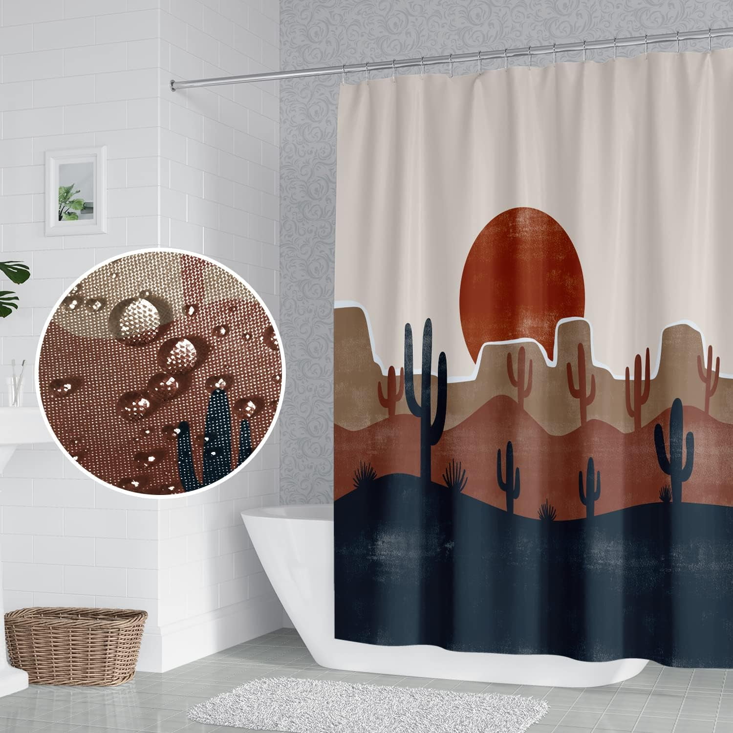 Abstract Mid Century Bohemian Bathroom Shower Curtain Desert Cactus Red Sun Shower Curtain with Hooks Waterproof Fabric Polyester Shower Curtain Modern Aesthetics Home Decorative, 36x72 Inch