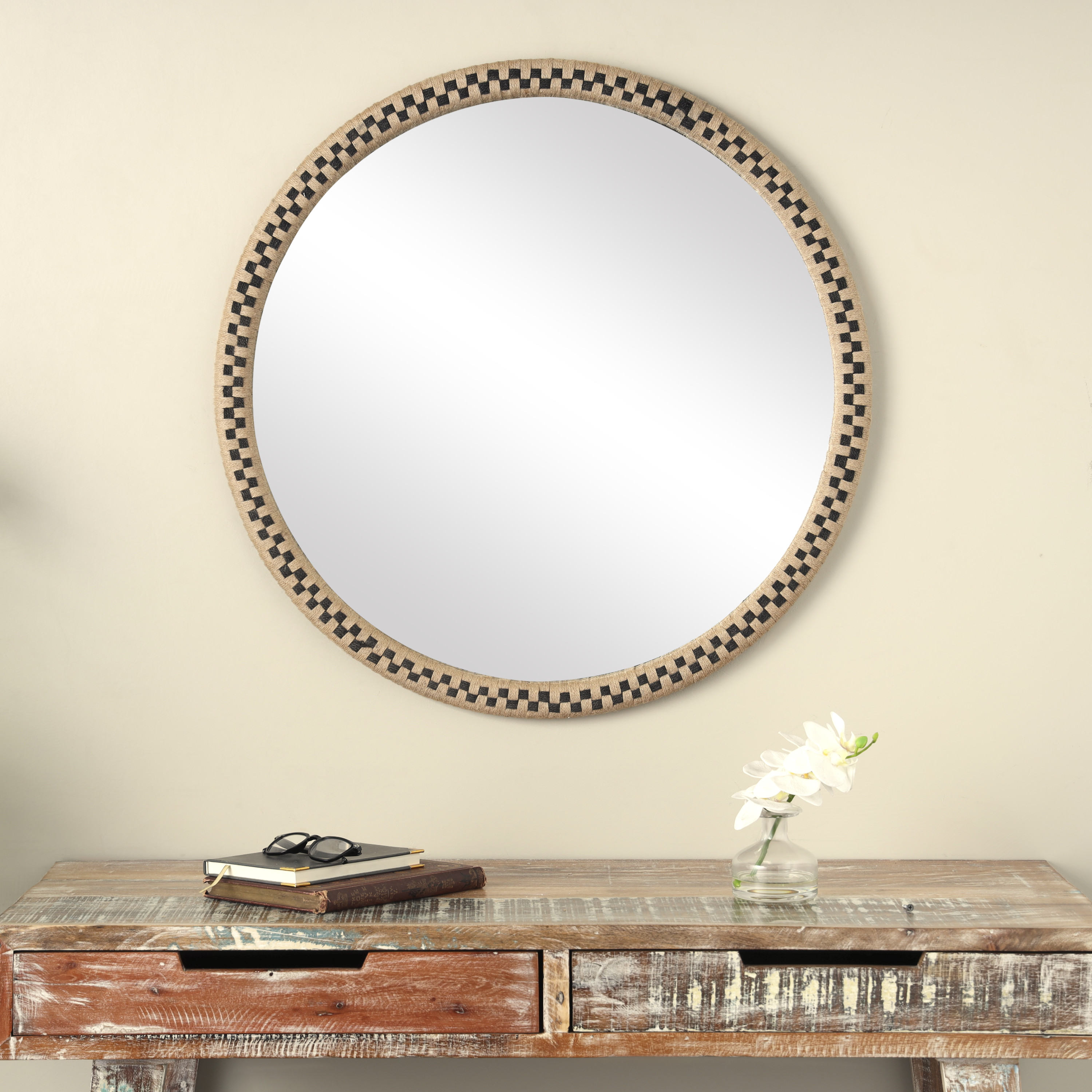 DecMode 32" x 32" Brown Handmade Woven Checkered Wall Mirror