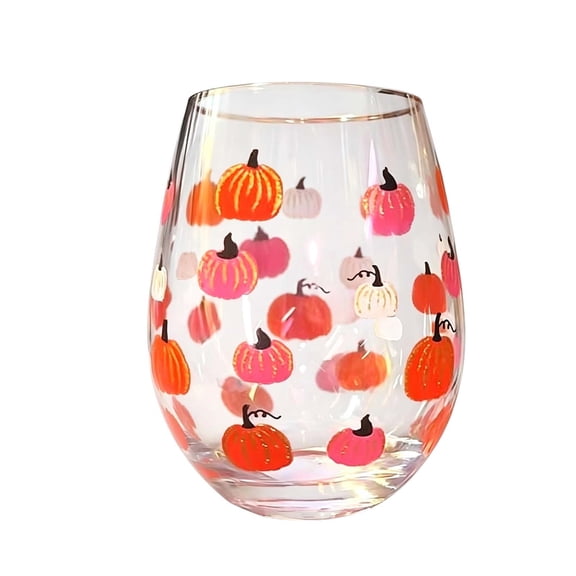 OutmaxHome Fall Pumpkin Stemless Glass Cup, Multicolor Pumpkin Printed Cup, Autumn Table Decor Glassware
