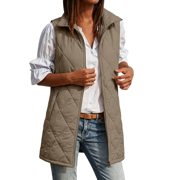 MaFYtyTPR Puff Vest for Women Mid Length Stand Collar Zip Up Sleeveless Quilted Coat with Pockets Women Fall Winter Warm Puffy Waistcoat A-Khaki XL