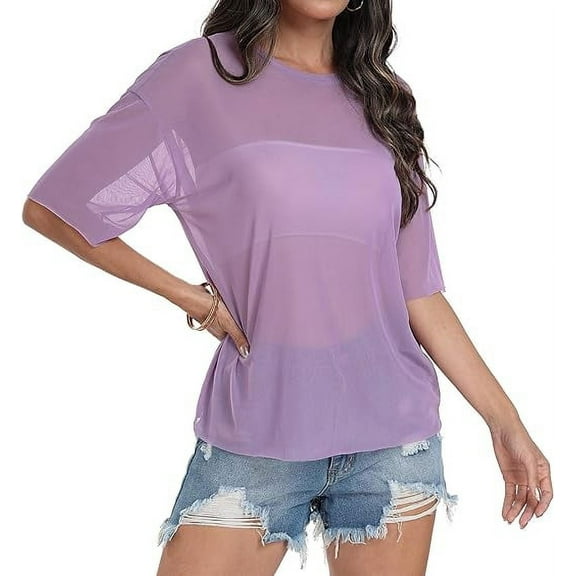 Aiyino Women's See Through Mesh Sheer Blouse Sexy T Shirt Blouse Summer Short Sleeve Round Neck Loose Tops Tee,S Purple