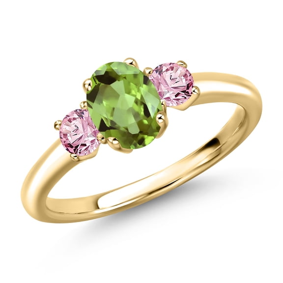 Gem Stone King 10K Yellow Gold Green Peridot and Pink Lab Grown Diamond Engagement Ring for Women | 1.26 Cttw | Oval 7X5MM | Gemstone August Birthstone | Size 9