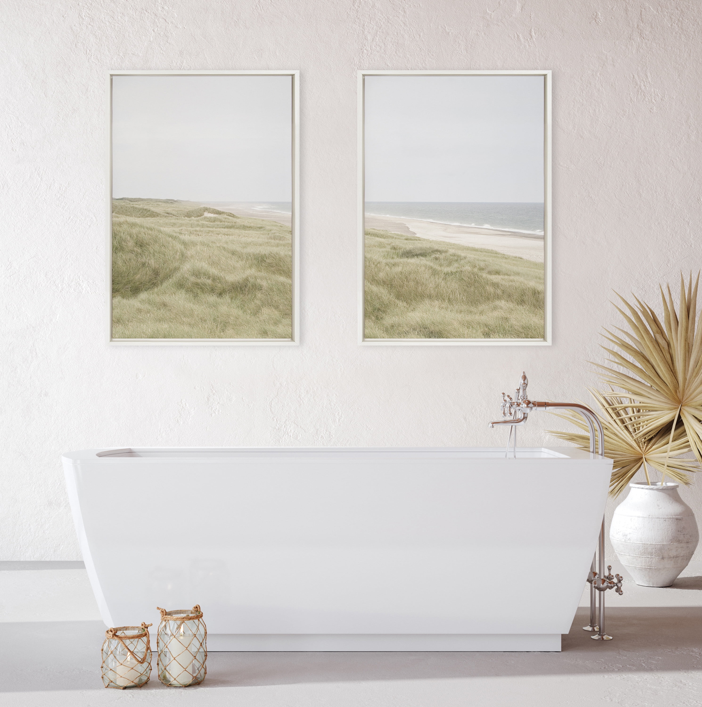 Kate and Laurel Sylvie Peaceful and Serene Coastal Landscape Left and Right Framed Canvas Wall Art Set by The Creative Bunch Studio, 2 Piece 23x33 White, Natural Calming Beach Art Set for Wall