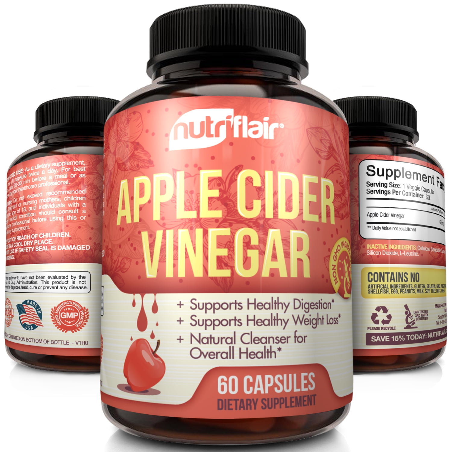 NutriFlair Apple Cider Vinegar Capsules 1300mg - 60 Vegan ACV Pills - Best ...
